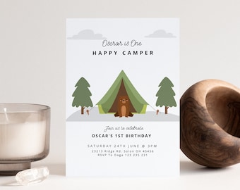 Happy Camper Birthday Invitation | One Happy Camper First Birthday | Camping Birthday Party | Editable Digital Template | INSTANT DOWNLOAD