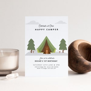 Happy Camper Birthday Invitation | One Happy Camper First Birthday | Camping Birthday Party | Editable Digital Template | INSTANT DOWNLOAD