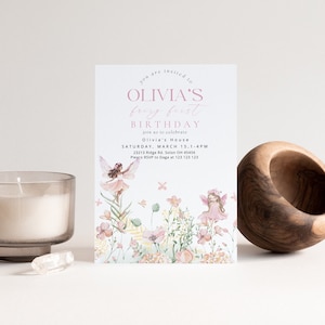 Fairy First Birthday Invitation Template, Printable Wildflower Fairy 1st Birthday Invite, Floral Garden Fairy Birthday Invitation