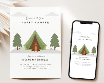 Happy Camper Birthday Invitation | One Happy Camper First Birthday | Camping Birthday Party | Editable Digital Template | INSTANT DOWNLOAD