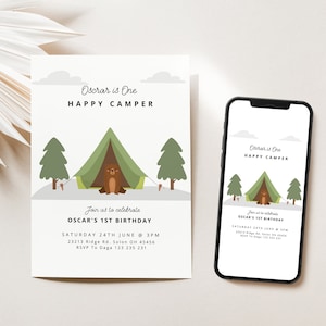 Happy Camper Birthday Invitation | One Happy Camper First Birthday | Camping Birthday Party | Editable Digital Template | INSTANT DOWNLOAD