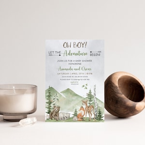 Editable Let the Adventure Begin Baby Shower Invitation Set | Woodland Baby Shower Invite Pack | Forest Mountain Gender Neutral Template