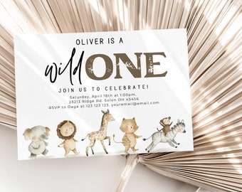 Wild One Birthday Boy Invitation, Wild One Invitation Printable, Safari Wild One Party Invite, Boy Safari Animals Invitation, Jungle Animal