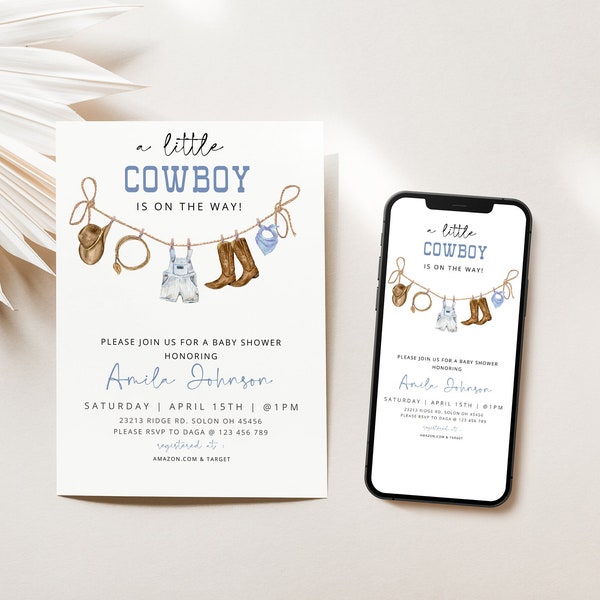 LITTLE COWBOY Editable Baby Shower Invitation ,Wild West Baby Shower Invite , Country Western Sprinkle, Wild West Western, Phone Invite