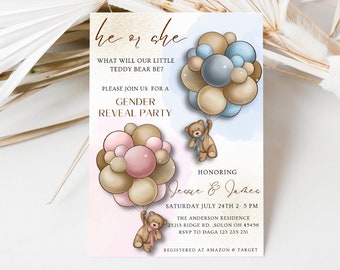 Teddy Bear Gender Reveal Invitation, Gender Reveal Invitation, Gender Reveal Ideas, Baby Shower Gender Reveal Invitation, She or He