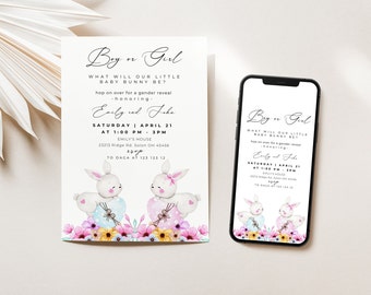 Peut inclure: Une invitation à une révélation de sexe sur le thème des lapins roses et bleus. L'invitation comporte le texte "Boy or Girl? What will our little baby bunny be?" et "Emily and John" avec une date et une heure pour l'événement. L'invitation est conçue pour ressembler à l'écran d'un téléphone.