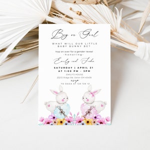 Invitation à révéler le genre du lapin, révélation du genre de Pâques, invitation au lapin, invitation à la révélation du genre du bébé, lui ou elle, garçon ou fille, invitation au lapin