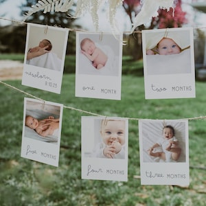 Modèle de bannière photo du premier anniversaire, cartes d’étape mensuelles de 1ère année modifiables pour bébé, guirlande de photos moderne imprimable, téléchargement instantané