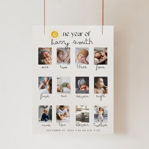 Modèle d'affiche photo imprimable pour la première année de bébé, signe de collage photo soleil 1er anniversaire, année modifiable dans le tableau d'images
