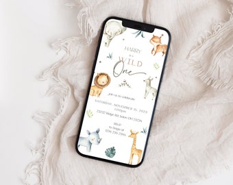 Wild One verjaardag Evite met foto, Safari 1e verjaardag elektronische uitnodiging sjabloon bewerkbare digitale download, Jungle eerste verjaardag tekst