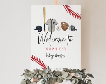 Peut inclure: Une pancarte de bienvenue pour la fête prénatale de Sophie sur le thème du baseball. La pancarte présente une batte de baseball, un gant, une balle et un chapeau dans un style aquarelle.