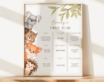 Woodland Animals Birthday Milestone Sign, First Birthday Stats Poster, Forest Animals first year party sign, Instant Download