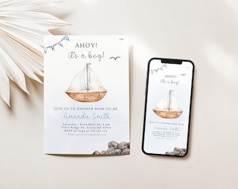 May include: A baby shower invitation and a smartphone displaying the same design. The invitation features a watercolor sailboat, the text "AHOY! it's a boy!" and event details. The phone shows the same design.