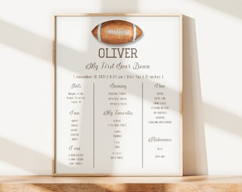 May include: A printable poster with a watercolor illustration of a football. The poster is titled "Oliver My First Year Down" and includes details about Oliver's birth, including his weight, length, and time of birth. The poster also lists Oliver's favorite foods, activities, and nicknames.
