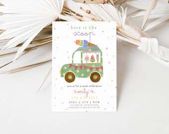 May include: A whimsical invitation for Emily's 6th birthday, featuring a green ice cream truck illustration. The text "here is the scoop" is at the top, with details below. The truck has a rainbow ice cream cone on top and other ice cream treats.