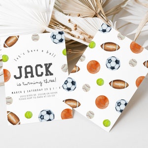 Birthday Invitation for Boy Editable Template | Let&#39;s Have a Ball Basketball Football Baseball Soccer Bday All Star Printable Invite