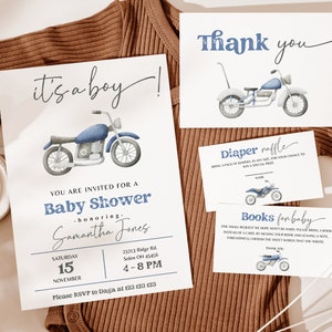 Motorrad BABY-Dusche-Einladung, Baby-Dusche-Einladung Junge, Baby-Jungen-Dusche-Einladungen, MOTORBIKE-Baby-Dusche lädt ein. Retro Fahrrad
