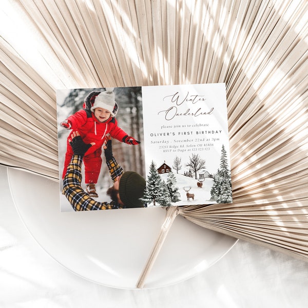 Winter Onederland Invitation with Photo Template, Onederland 1st Birthday Photo Invitation Winter First Birthday Invite Editable Invite