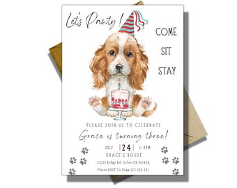 Cocker Spanel Dog Birthday Invitation, Puppy Birthday Invitation, Pet Party Invitation, Let's Pawty Invite, Dog Invitation, Puppy Party