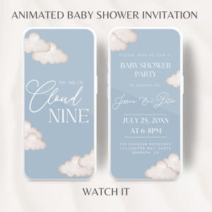 Modello di invito animato moderno per baby shower Cloud 9, siamo al settimo cielo, baby shower Cloud neutro, baby shower modificabile per bambini