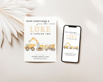 May include: A printable invitation for a child's second birthday party. The invitation features a yellow excavator and other construction vehicles with the text "DUMP EVERYTHING & join the crew LUKE IS TURNING TWO" and party details.