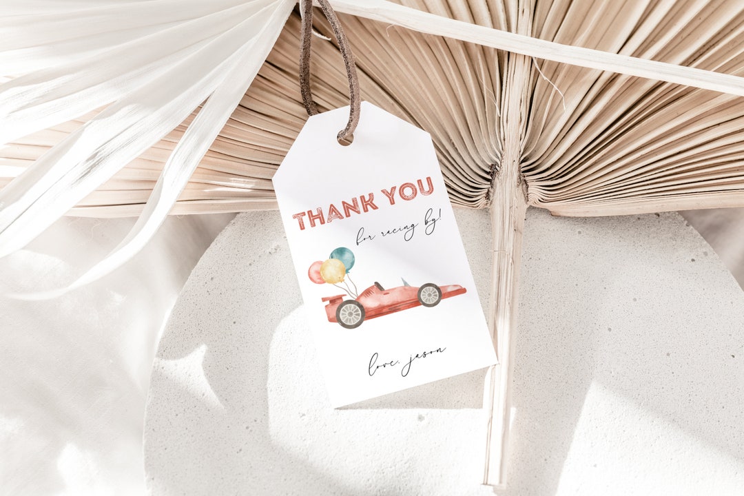 Editable Race Car Birthday Thank You Tags, Vintage Car Checkered Flag ...
