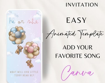 Gender Reveal Video Invitation, Phone Invite Canva, Teddy Bear Animated Invitation, Gender Reveal Ideas, He or She