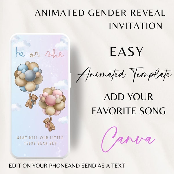 Gender Reveal Video uitnodiging, telefoon uitnodigen Canva, teddybeer geanimeerde uitnodiging, Gender Reveal ideeën, hij of zij