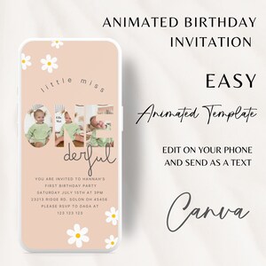 Animated First Birthday Invitation, 1st Daisy Birthday for Girls, Little miss Onederful 1st Birthday Invitation with Picture, Boho, Pretty