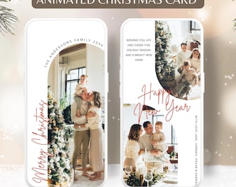 Könnte beinhalten: Animierte Weihnachtskarte mit einem Familienfoto in einem weißen Rahmen. Die Karte zeigt einen rot-weißen Weihnachtsbaum mit dem Text "Frohe Weihnachten" und einen rot-weißen Kreis mit dem Text "Frohes Neues Jahr". Die Karte enthält auch den Text "The Andersons Family 20XX" und "Wir wünschen Ihnen viel Freude und Fröhlichkeit in dieser Weihnachtszeit und ein frohes neues Jahr".