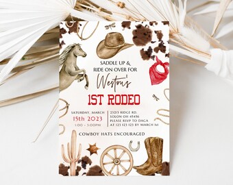 Sjabloon eerste rodeo uitnodiging, afdrukbare wilde westen verjaardagsuitnodiging, jongen cowboy verjaardagsuitnodiging, mijn 1e rodeo-uitnodiging, PrintableR21