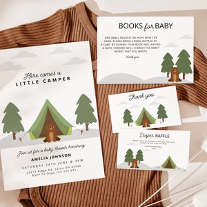 WOODLAND Baby-Dusche-Bundle, Camping-Baby-Dusche-Evite & bearbeitbare Einladung, Oh Baby-Abenteuer erwartet Waldtiere Baby-Dusche