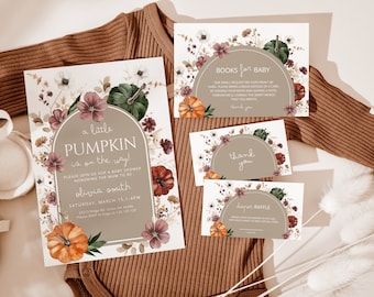Paquete de invitaciones para baby shower con calabaza y flores silvestres, paquete de invitaciones para baby shower en flor, set de invitaciones editables para baby shower de otoño, calabaza otoñal