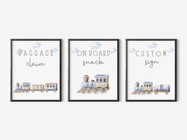 May include: Three printable signs with a blue train illustration and white text. The signs read "Baggage Claim", "On Board Snack", and "Custom Sign".