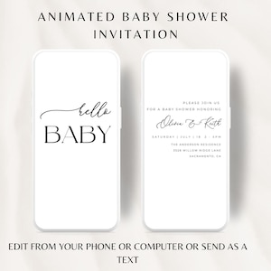 Editable Minimalist Baby Shower Animated Invitation Modern Black and White Hello Baby Boy Girl Gender Neutral Baby Shower Invite