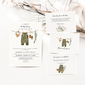 Pacchetto invito baby shower ragazzo, modello set invito baby shower ragazzo, cartello per pannolini, libro per bambino, Boho Baby Shower, vestiti per bambini