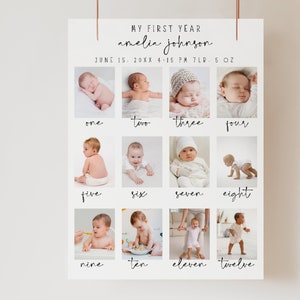 Póster con foto del primer año del bebé, plantilla para cartel con foto del primer cumpleaños, pancarta minimalista con foto del primer cumpleaños, cartel moderno de género neutro