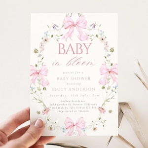 Pink Bow Baby in Bloom Baby Shower Invitation Baby in Bloom Baby Shower Invite  Coquette Baby Girl Pink Ribbon Baby Shower Invite Editable