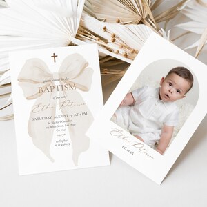 May include: A white baptism invitation with a watercolor bow design in beige and brown. The invitation includes the text "Please join us for the Baptism of our son Ethia Pitersen" and details for the event, including the date, time, location, and contact information.