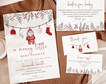 May include: A watercolour illustration of a Christmas-themed baby shower invitation featuring a red and white stocking, a red Santa suit, a red hat, and a white mitten hanging on a clothesline. The invitation reads "a merry little baby shower" and includes the name "hannah smith" and the date and time of the event. The invitation also includes a request for guests to bring a book instead of a card.