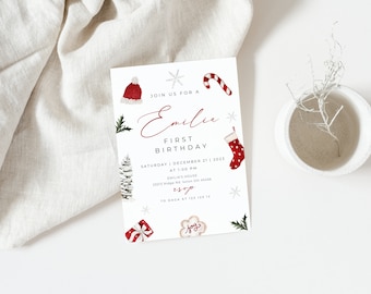 Invitación para el primer cumpleaños de Navidad, Invitación para el primer cumpleaños de vacaciones, Plantilla para fiesta de cumpleaños de Navidad, Oh, qué divertido, Invitación de cumpleaños de Papá Noel