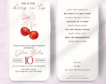 Cherry Baby Shower Invitation: Pink Bow, Modern Coquette (Digital Invite)