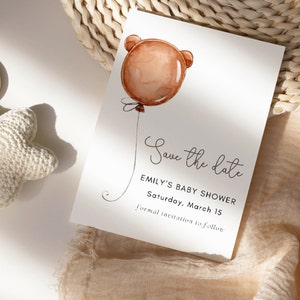 Minimal Baby Bär Ballon Save the Date Karte, druckbare Baby-Dusche Save the Date Vorlage, Teddybären Picknick, voll editierbar, #B21