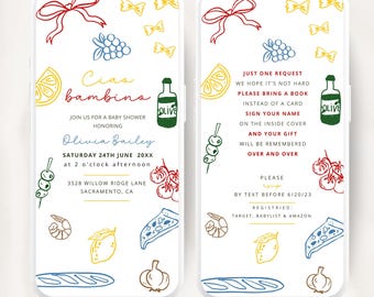 Modèle d'invitation animé de baby shower Ciao Bambino, invitation de baby shower sur le thème de la cuisine italienne, doodle dessiné main méditerranéen lunatique pour garçons