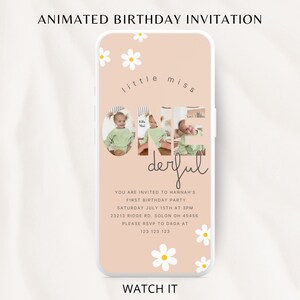 Animated First Birthday Invitation, 1st Daisy Birthday for Girls, Little miss Onederful 1st Birthday Invitation with Picture, Boho, Pretty