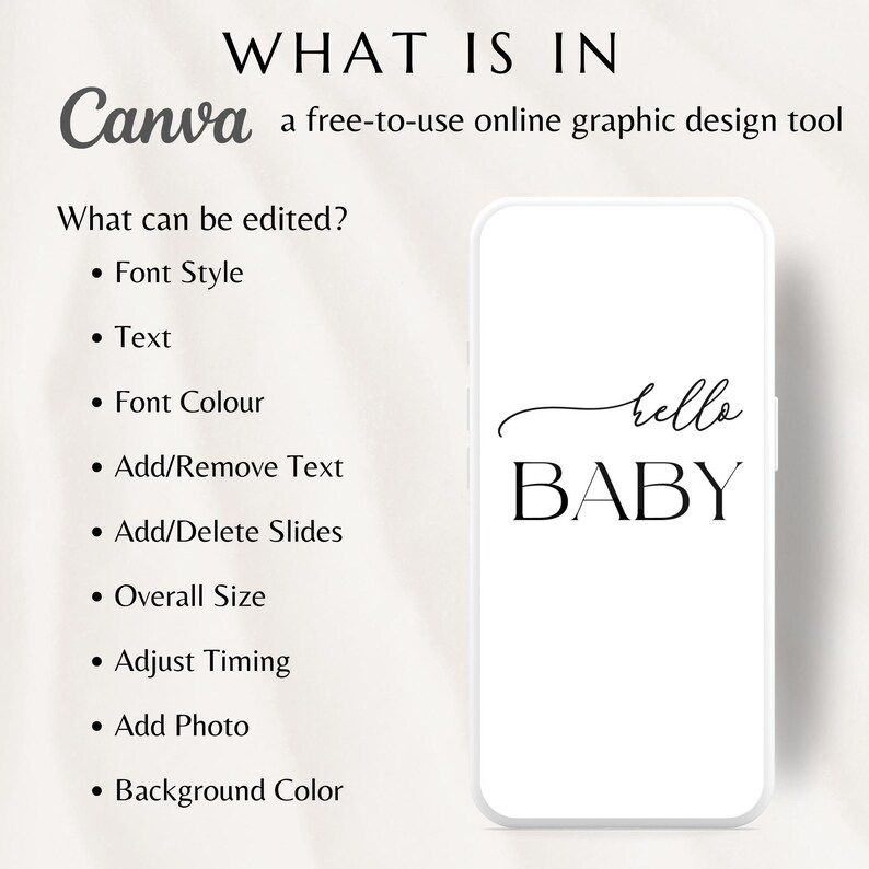 May include: A white smartphone mockup with a black screen displaying the text "hello BABY" in a cursive font. The text is centered on the screen. The phone is on a white background.