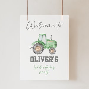 Green Farm Tractor Birthday Welcome Sign, Green Truck 1st Boy birthday Party Sign Template, Digital Download Print