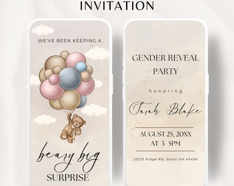 Animated Teddy Bear Gender Reveal Invitation, Bear Gender Reveal, Stars Gender Reveal Invitation Video Invitation, Template , Balloon Gender