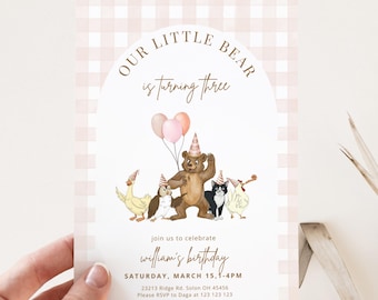 Little Bear Birthday Invitation Editable Template, Woodland Animal Party Invite, Gingham  Birthday, Printable Digital Download