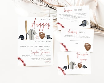 May include: A baseball-themed baby shower invitation with red and white stitching, a baseball bat, a baseball glove, and a baseball. The invitation says "A Little Slugger is on the way!" and includes the date and time of the shower. There are also cards for a diaper raffle and a book request.